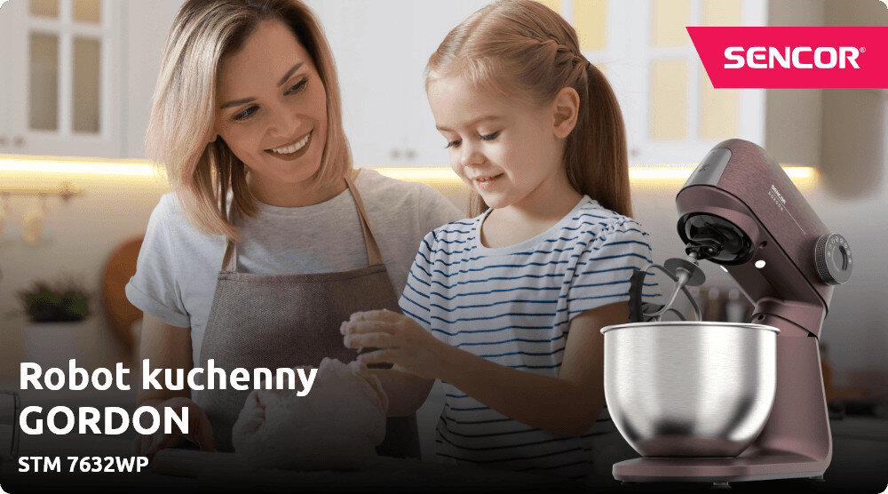 Robot kuchenny planetarny SENCOR STM 7632WP 1500W z odłączaną wagą zdjęcie lifestyle Moc 1500 W radzi sobie z miksowaniem, wyrabianiem ciasta oraz ubijaniem w 3 eleganckich wariantach kolorystycznych podświetlana misa LED 3 porty na akcesoria
