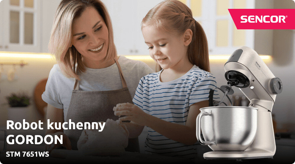 Robot kuchenny planetarny SENCOR STM 7651WS  1500W z odłączaną wagą zdjęcie lifestyle Moc 1500 W radzi sobie z miksowaniem, wyrabianiem ciasta oraz ubijaniem w 3 eleganckich wariantach kolorystycznych podświetlana misa LED 3 porty na akcesoria