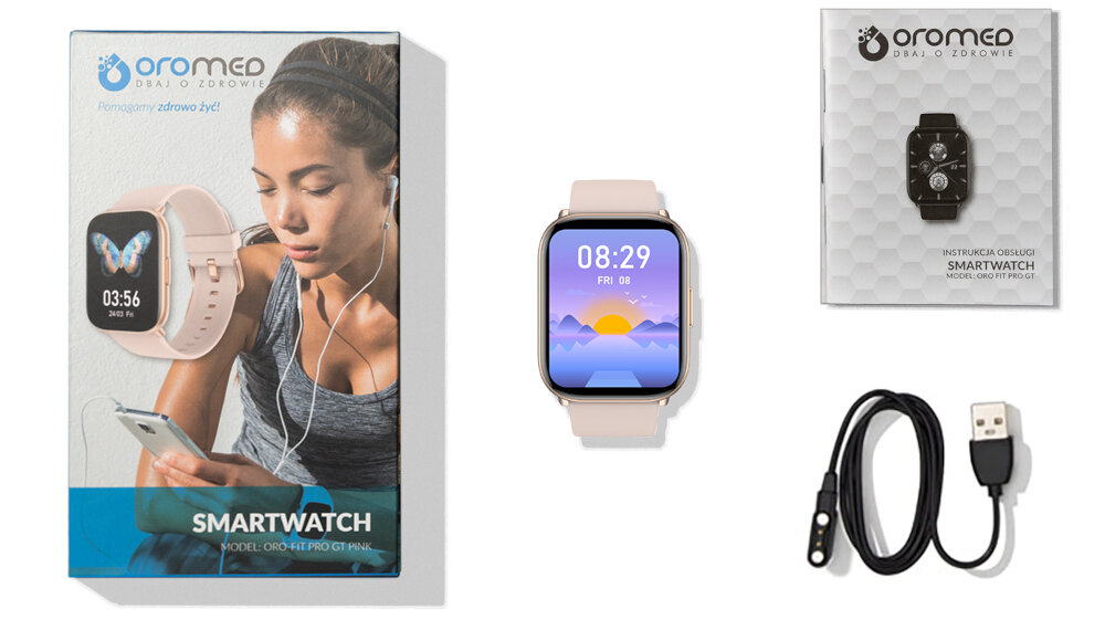 Smartwatch ORO-MED Oro Fit Pro Gt ekran bateria czujniki zdrowie sport pasek ładowanie pojemność rozdzielczość łączność sterowanie krew puls rozmowy smartfon aplikacja 