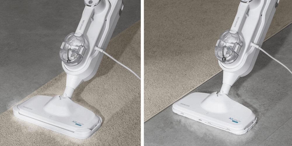 Mop parowy SENCOR Aquino SSC 6010WH 2w1 do podłóg i dywanów z paneli, płytek czy linoleum nakładany ślizgacz odświeżanie dywanów o niskim włosiu gorąca para eliminuje bakterie czystość i zdrowie 