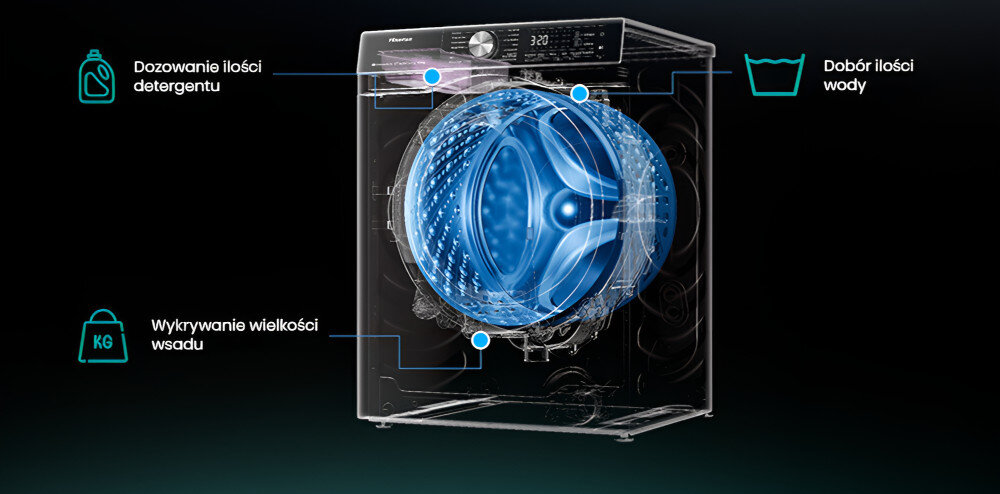 PRALKA HISENSE WF5S7041BW wykrywanie wagi dostowanie ilości wody detergentu