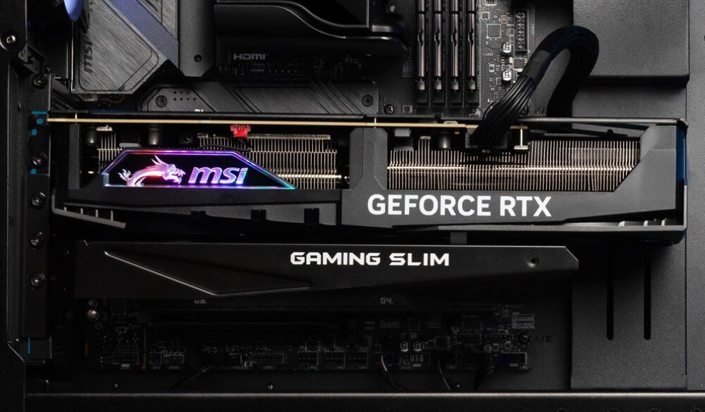 Karta graficzna MSI GeForce RTX 4080 Super Gaming X Slim 16GB DLSS 3 wspornik ciężar konstrukcja
