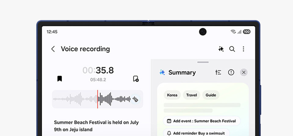 Podsumowanie z nagrania jest wyświetlane wraz z sugestiami dotyczącymi harmonogramu przez Galaxy AI.