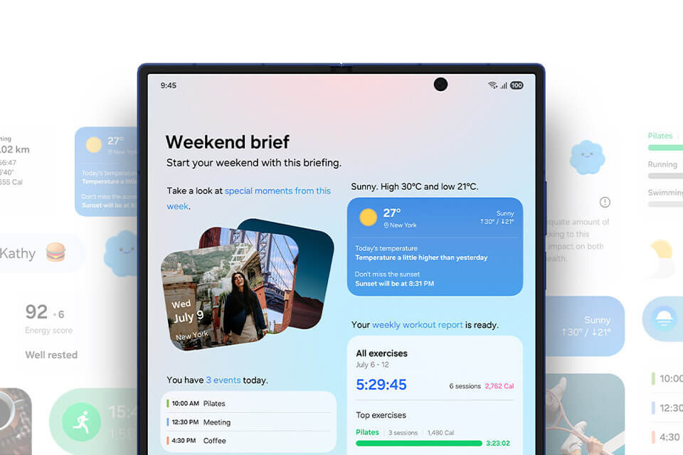 Galaxy Z Fold7 jest widoczny w stanie rozłożonym. Aktywna jest funkcja Now Brief, które pokazuje weekendowe podsumowanie: zdjęcia, nadchodzące wydarzenia, aktualną pogodę i inne informacje o aktywności fizycznej. Po bokach ekranu widać dodatkowe dane, w tym Wynik energii i informacje o bieganiu.
