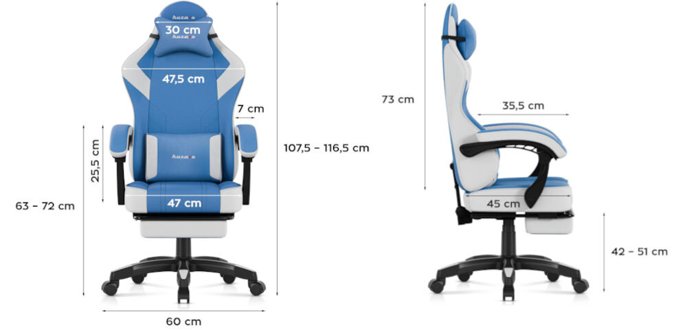 Fotel HUZARO Force 3.7 Niebieski prezentacja wymiarów fotela od przodu i od boku na białym tle wymiary odpowiednie podparcie ciała komfort