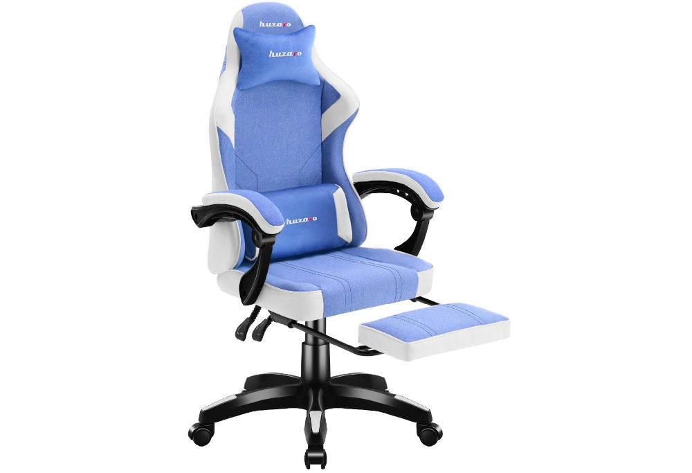 Fotel HUZARO Force 3.7 Niebieski prezentacja fotela na białym tle od przodu pod kątem z wysuniętym podnóżkiem rozkładany podnóżek komfortowe wyciągnięcie nóg odprężenie funkcjonalny dodatek solidność