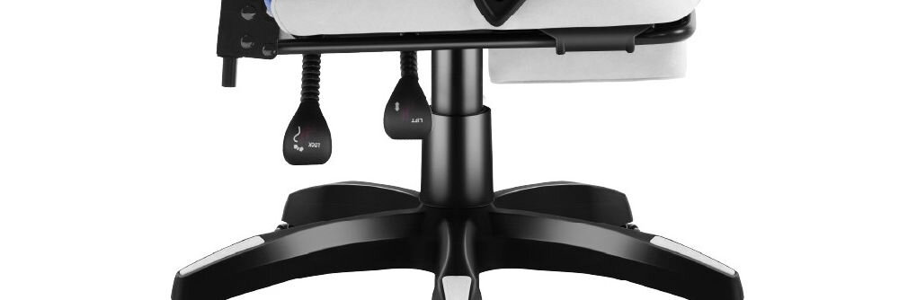 Fotel HUZARO Force 3.7 Niebieski zbliżenie na siłownik gazowy klasy 3 na białym tle normy bezpieczeństwa BIFMA bezstopniowa regulacja wysokości płynność udźwig do 140 kg solidność konstrukcji