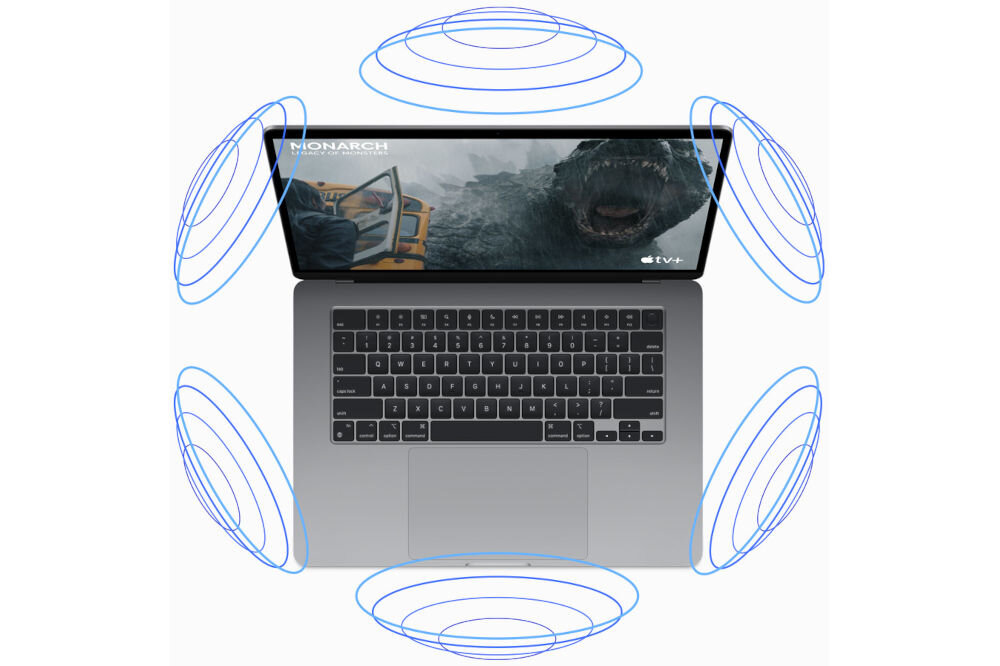 Laptop APPLE MacBook Air 2023 15.3 Retina M2 8GB RAM 512GB SSD macOS Gwiezdna szarość 
					kamera i dźwięk na poziomie,
					kamera FaceTime HD o rozdzielczości 1920 x 1080 px, trzy mikrofony kierunkowe, system sześciu głośników, technologia dolby atmos,
					laptop na białym tle z imitacją 6 fal dźwiękowych, które symbolizują dźwięk przestrzenny