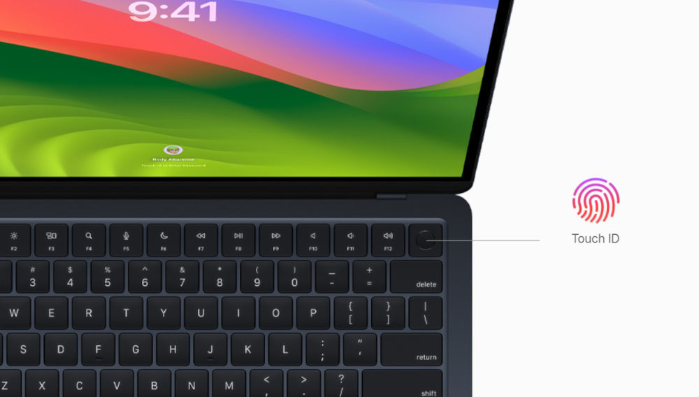 Laptop APPLE MacBook Air 2023 15.3 Retina M2 8GB RAM 512GB SSD macOS Gwiezdna szarość
					bezpieczeństwo danych, czytnik linii papilarnych Touch ID, Apple Pay, szyfrowanie sprzętowe, funkcje zabezpieczeń macOS, laptop na białym tle, 
					grafika odcisku palca, napis Touch ID