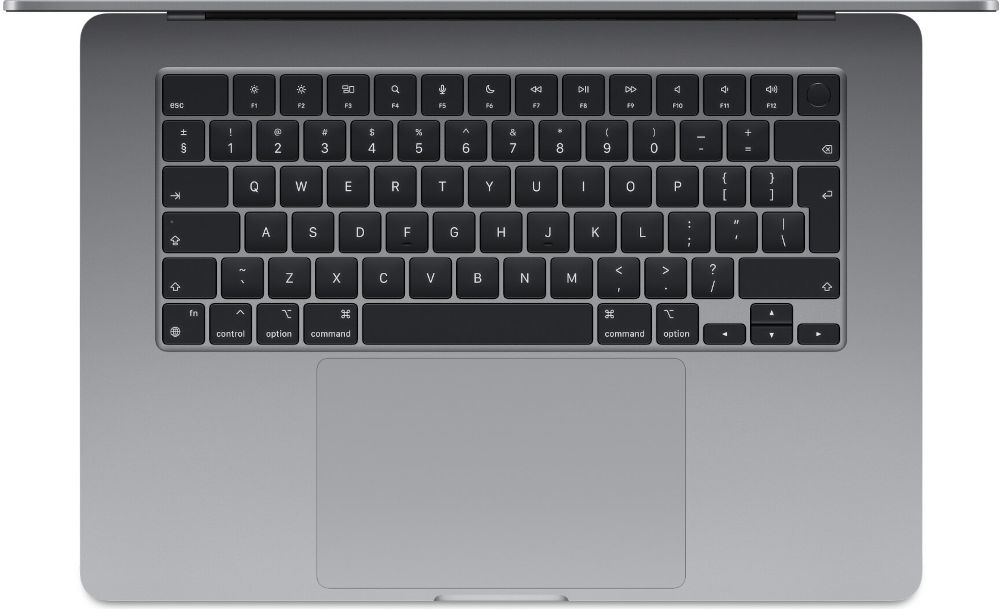 Laptop APPLE MacBook Air 2023 15.3 Retina M2 8GB RAM 512GB SSD macOS Gwiezdna szarość
					praktyczna klawiatura, klawiatura Magic Keyboard, ciche, niskoprofilowe klawisze, podświetlenie klawiatury
					automatycznie dostosowujące się do warunków oświetleniowych,
					widok na klawiaturę laptopa na białym tle
