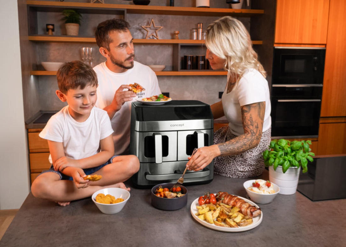Air Fryer Frytkownica beztłuszczowa CONCEPT Pizza Trio FR9000 18.5 l z podwójnym koszem + szuflada do pieczenia wygląd design prezentacja wizualizacja Smaczne gotowanie