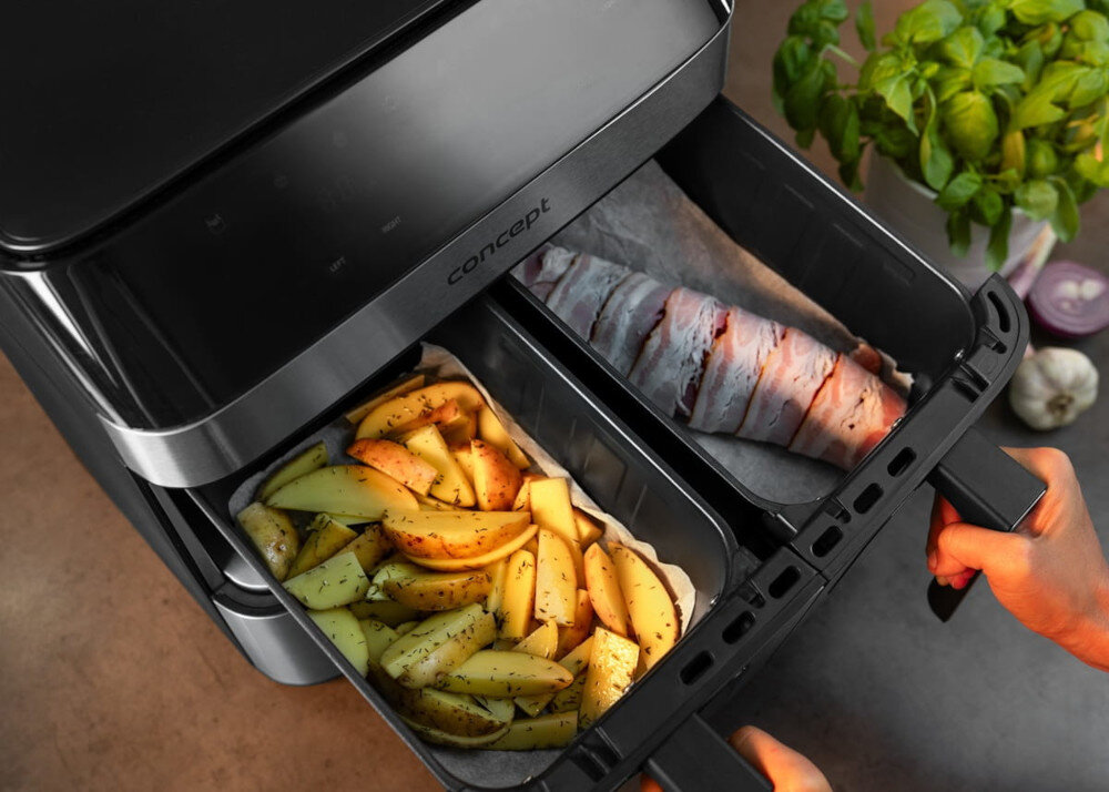 Air Fryer Frytkownica beztłuszczowa CONCEPT Pizza Trio FR9000 18.5 l z podwójnym koszem + szuflada do pieczenia posiłek za jednym razem dwa kosze szuflada mięso dodatki deser