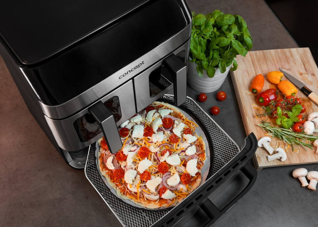 Air Fryer Frytkownica beztłuszczowa CONCEPT Pizza Trio FR9000 18.5 l z podwójnym koszem + szuflada do pieczenia Multifunkcyjna szuflada szuflada regulacja temperatura blaszka średnica