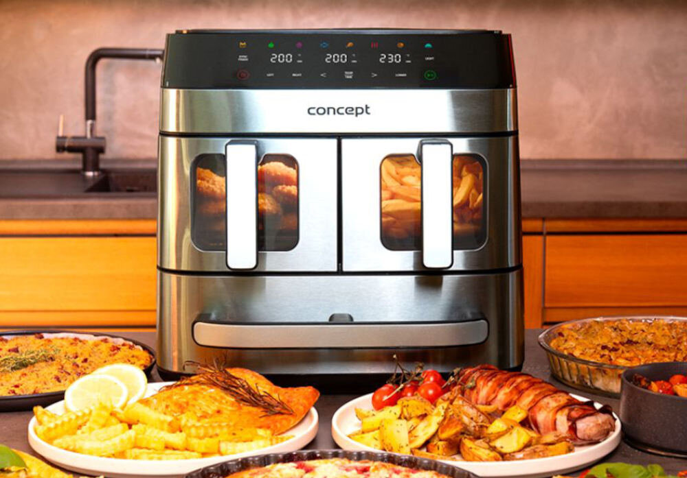 Air Fryer Frytkownica beztłuszczowa CONCEPT Pizza Trio FR9000 18.5 l z podwójnym koszem + szuflada do pieczenia Podgląd pieczenia Wbudowane oświetlenie LED śledzenie proces przygotowywanie
