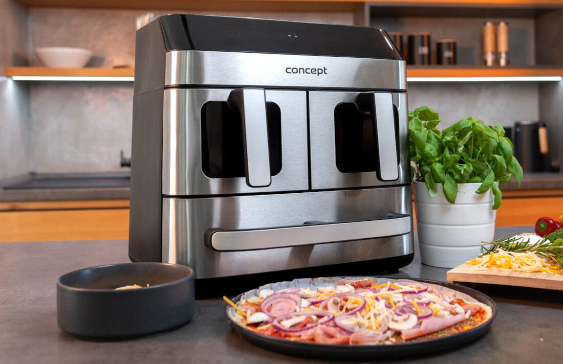 Air Fryer Frytkownica beztłuszczowa CONCEPT Pizza Trio FR9000 18.5 l z podwójnym koszem + szuflada do pieczenia Funkcja podgrzewania  praktyczne rozwiązanie aromat konsystencja