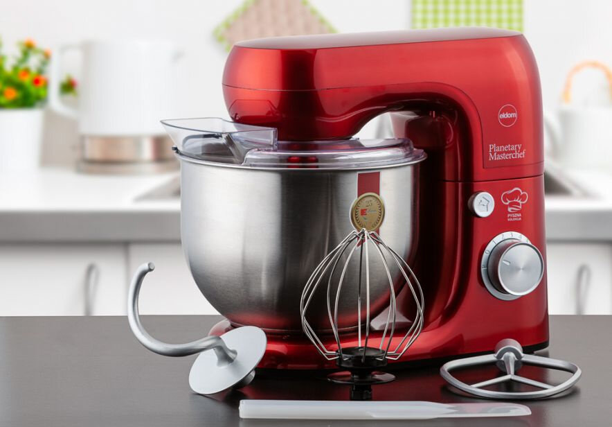 Robot kuchenny planetarny ELDOM WRK1250 Chef 800W zestaw wyposazenie akcesoria trzy rozne koncowki szpatulka przezroczysta pokrywa