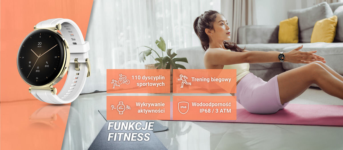 Rozbudowane funkcje sportowe 110 dyscyplin trening biegowy wykrywanie aktywności wodoodporność ip68 3atm