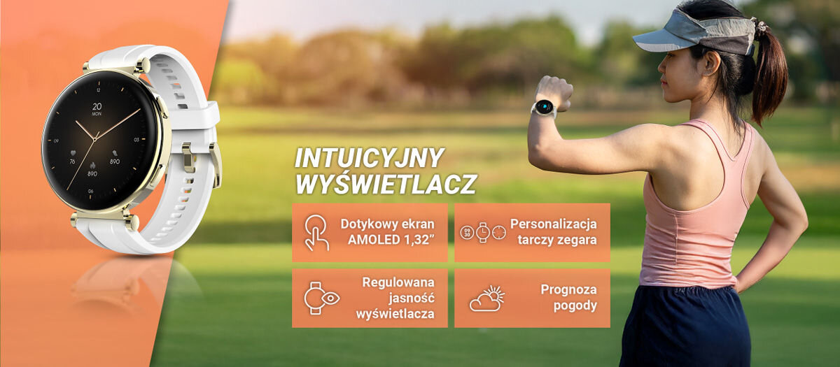 Wyświetlacz i funkcje dodatkowe dotykowy ekran amoled 1,32 personalizacja tarczy zegarka regulowana jasnośc wyświetlacza prognoza pogody