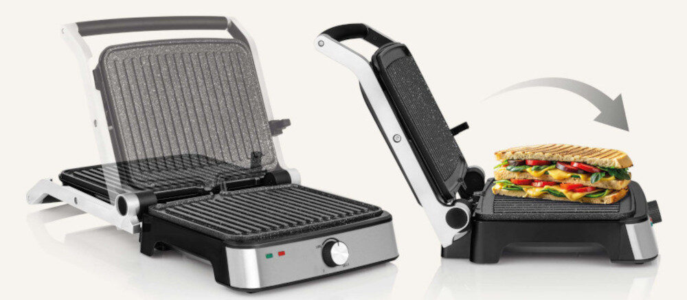 Grill elektryczny ZEEGMA Chef Easy wygoda użytkowania dostosowanie kąt nachylenia pokrywa tryb pieczenia blokowanie ruch pokrywy ceramiczne płyty grzewcze tacka ociekowa łatwe czyszczenie