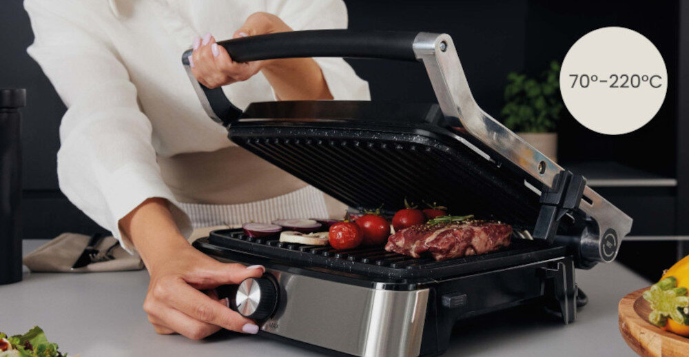 Grill elektryczny ZEEGMA Chef Easy regulacja temperatury precyzja pokrętło regulacja temperatury dostosowanie ustawienia dwie diody informacja