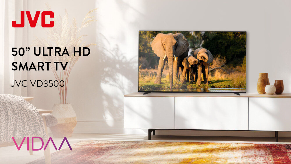 Telewizor JVC LT-50VD3500 - UHD i inteligentne funkcje, telewizor stojący na komodzie w salonie
