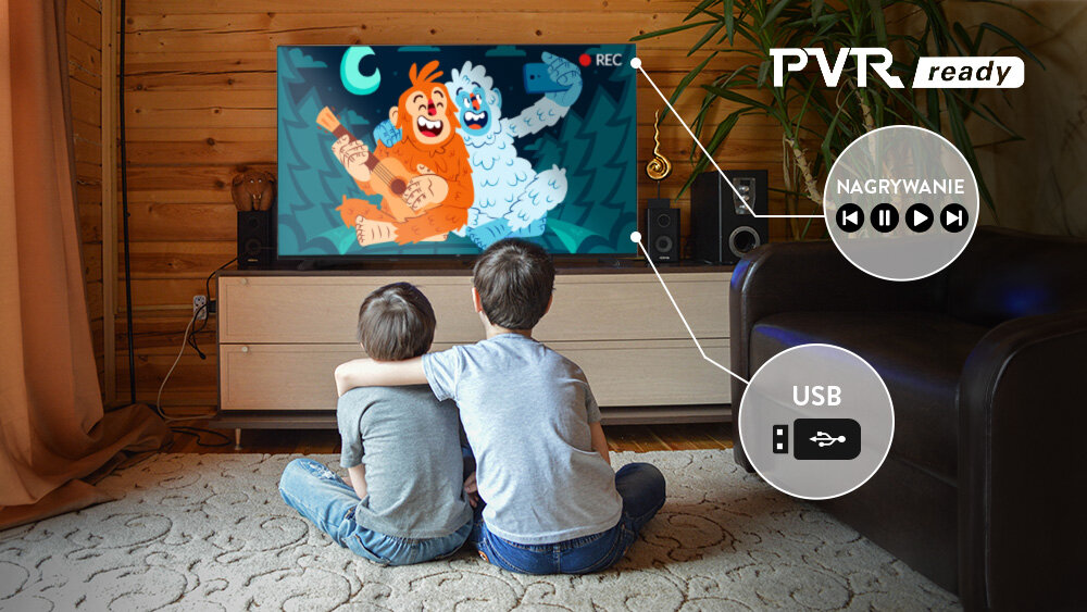 Telewizor JVC LT-50VD3500 - Nagrywaj ulubione programy, dzieci oglądają bajkę na telewizorze, telewior stoi na komodzie