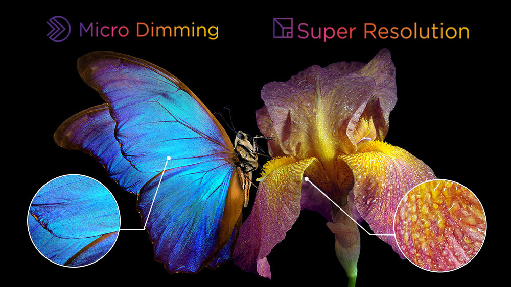 Telewizor JVC LT-50VD3500 - Skalowanie do standardu UHD, obraz przedstawia technologię micro Dimming oraz super resolution