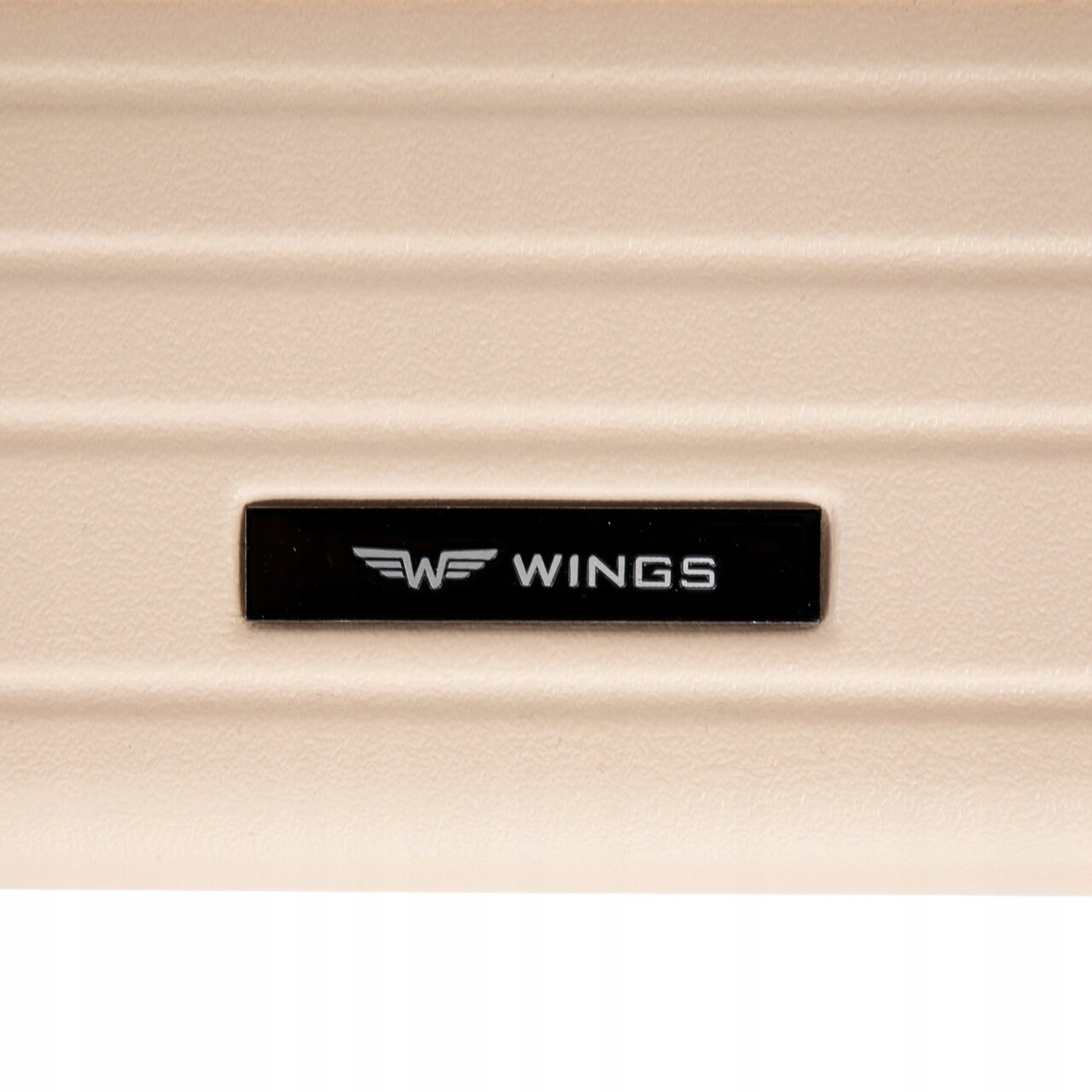 Beżowa powierzchnia z poziomymi rowkami, na której znajduje się czarna tabliczka z białym napisem \'WINGS\' oraz logo w kształcie skrzydeł.