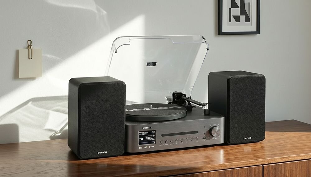 Wieża z gramofonem LENCO MC-760BK system audio z gramofonem i odtwarzaczem CD, urządzenie stojące na szafce