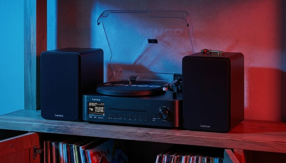 Wieża z gramofonem LENCO MC-760BK Wi-Fi Spotify Connect Bluetooth 5.3 USB-A MP3, urządzenie stojące na szafce