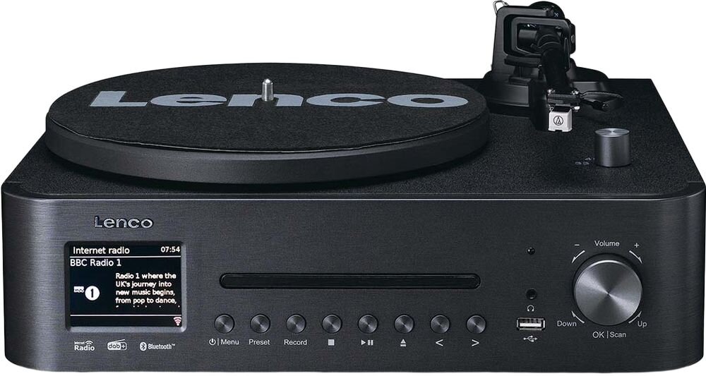 Wieża z gramofonem LENCO MC-760BK AUX USB wyjście liniowe słuchawkowe wymiary 692 x 240 x 330 mm, urządzenie na białym tle