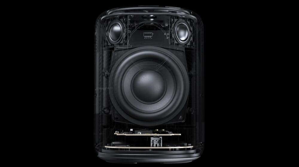 Głośnik multiroom WIIM Sound 4 cal woofer papier membrana 2x 1 cal jedwabne wysokotonowe spójna scena dźwiękowa, wnętrze głośnika na czarnym tle