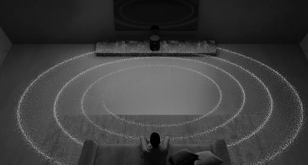 Głośnik multiroom WIIM Sound dźwięk kinowy WiiM Sub Pro WiiM Ultra Amp Ultra bas surround centralny kanał, osoba siedząca na kanapie otoczona dźwiękiem