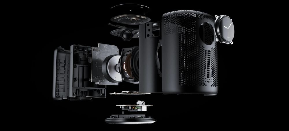 Głośnik multiroom WIIM Sound dwudrożna architektura przetworniki wysokie średnie niskie ton minimalne zniekształcenia, budowa głośnika na czanrym tle