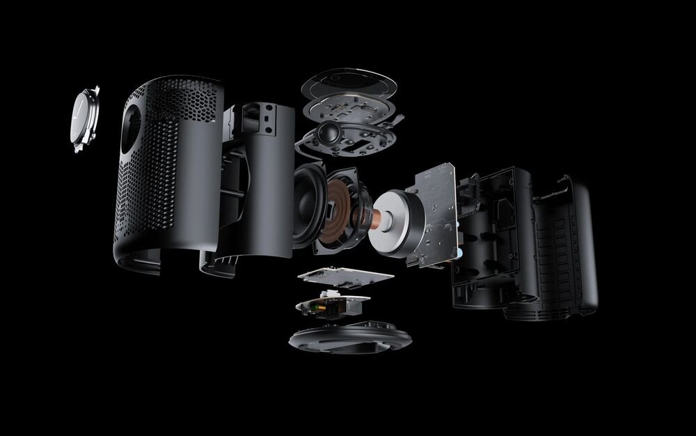 Głośnik multiroom WIIM Sound stereo L/R szersza scena czyste wokale konfiguracja w aplikacji WiiM Home, budowa głośnika na czarnym tle