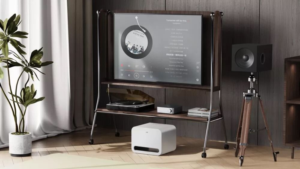 Subwoofer WIIM Sub Pro aplikacja WiiM Home EQ zwrotnica faza opóźnienie, subwoofer stojący na podłodze w pomieszczeniu