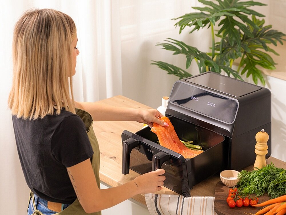 Air Fryer Frytownica Cecotec Cecofry Advance 9000 minimalna ilość oleju, soczyste w środku, chrupkie na zewnatrz, ograniczenie ilości tłuszczu