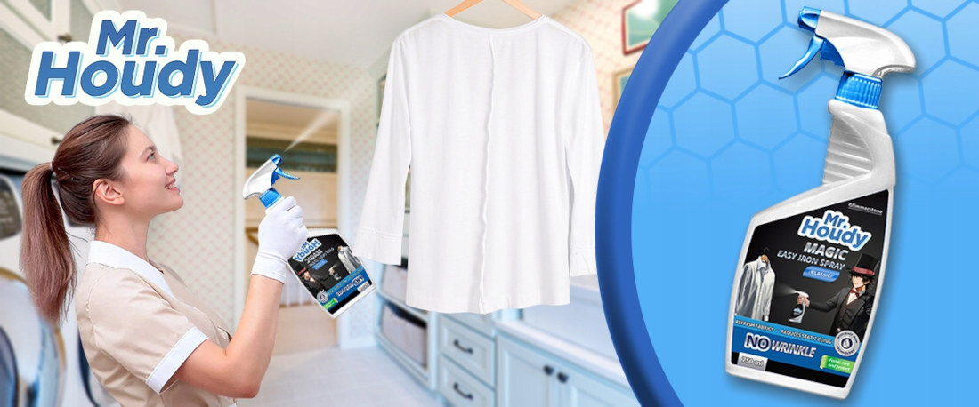 Żelazko w sprayu MR. HOUDY Magic 750 ml wygląd design tło wizualizacja prezentacja Gładkie ubrania bez wysiłku