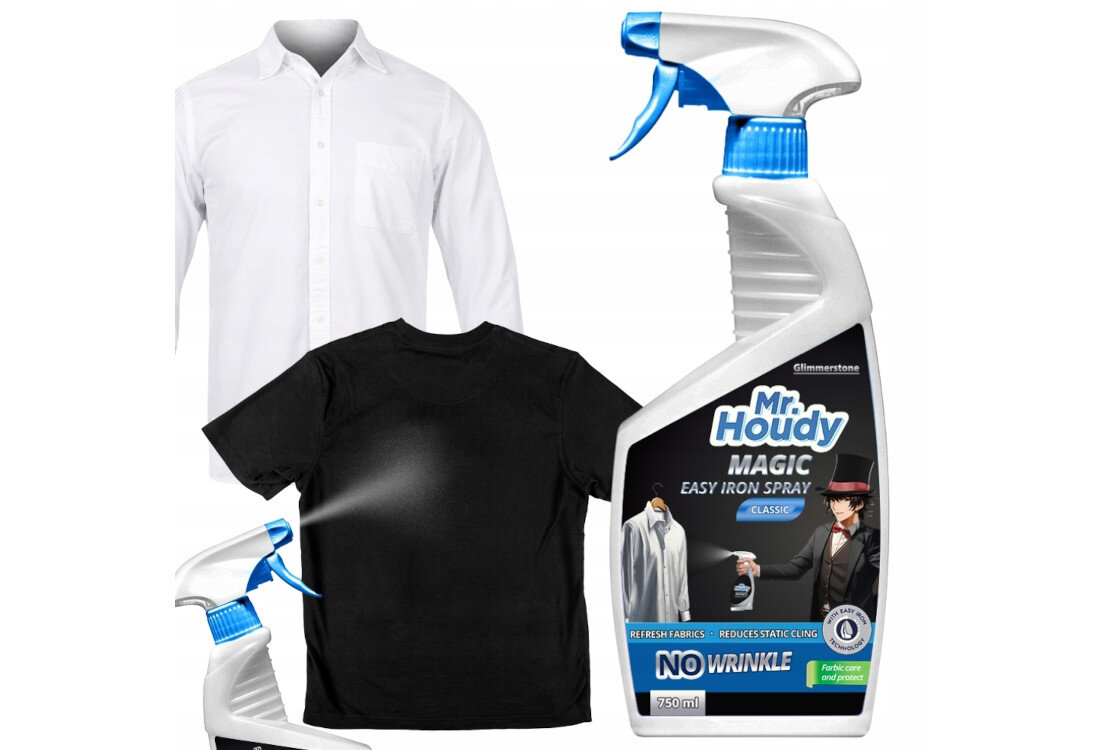 Żelazko w sprayu MR. HOUDY Magic 750 ml Proste i szybkie użycie spryskiwanie z odległości 15–20 cm spryskaj obie strony szybkie i wygodne