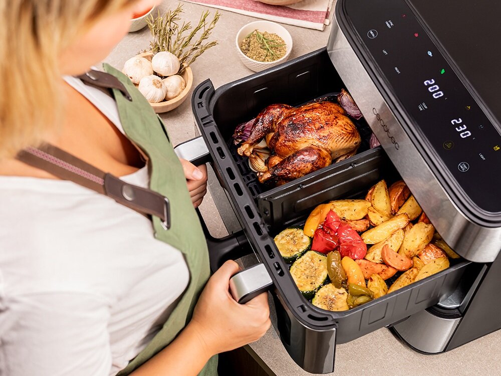 Air Fryer Frytkownica beztłuszczowa Cecotec Cecofry FoodCourt 18000 4Pizza ruchoa ścianka działowa, funkcja synchronizacji dwa dania jednocześnie