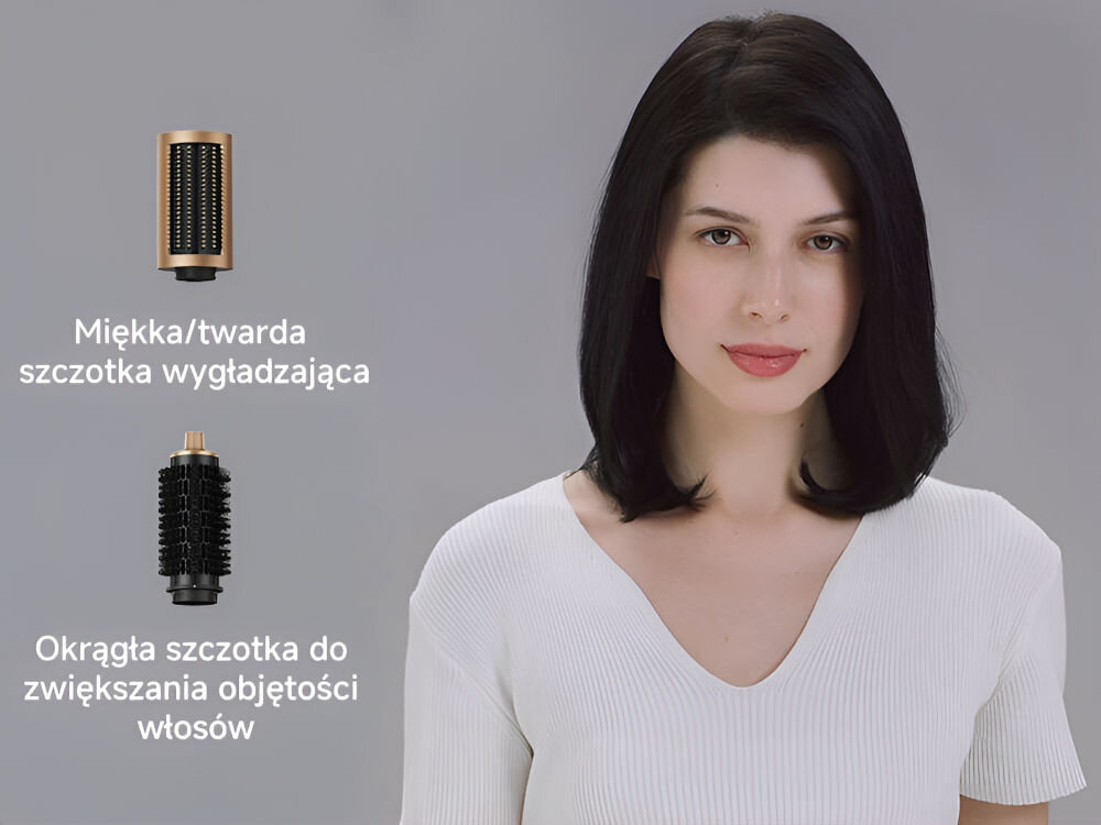 Suszarko-lokówka DREAME Air Styler Pro Złoty 1300W modelka we fryzurze szykowny bob szczotka wygładzająca okrągła szczotka zwiększająca objętość