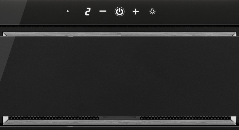 Czarny panel okapu z widocznymi przyciskami dotykowymi: kropka, liczba 2, minus, przycisk zasilania, plus i symbol żarówki. Poniżej znajduje się wlot powietrza z metalicznymi akcentami.