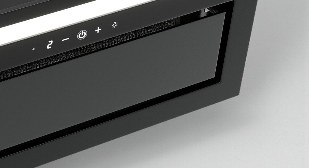 Czarny panel okapu z widocznymi przyciskami dotykowymi i wyświetlaczem pokazującym cyfrę \'2\'. Obok znajdują się symbole: minus, włącznik, plus i gwiazdka.