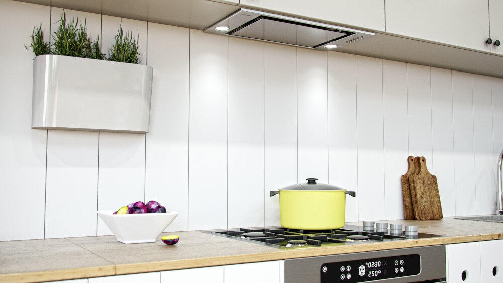 OKAP GLOBALO RETIO 60.2 INOX Jasna kuchnia, żółty garnek na płycie gazowej, miska śliwek, deski do krojenia, pojemnik z ziołami, styl