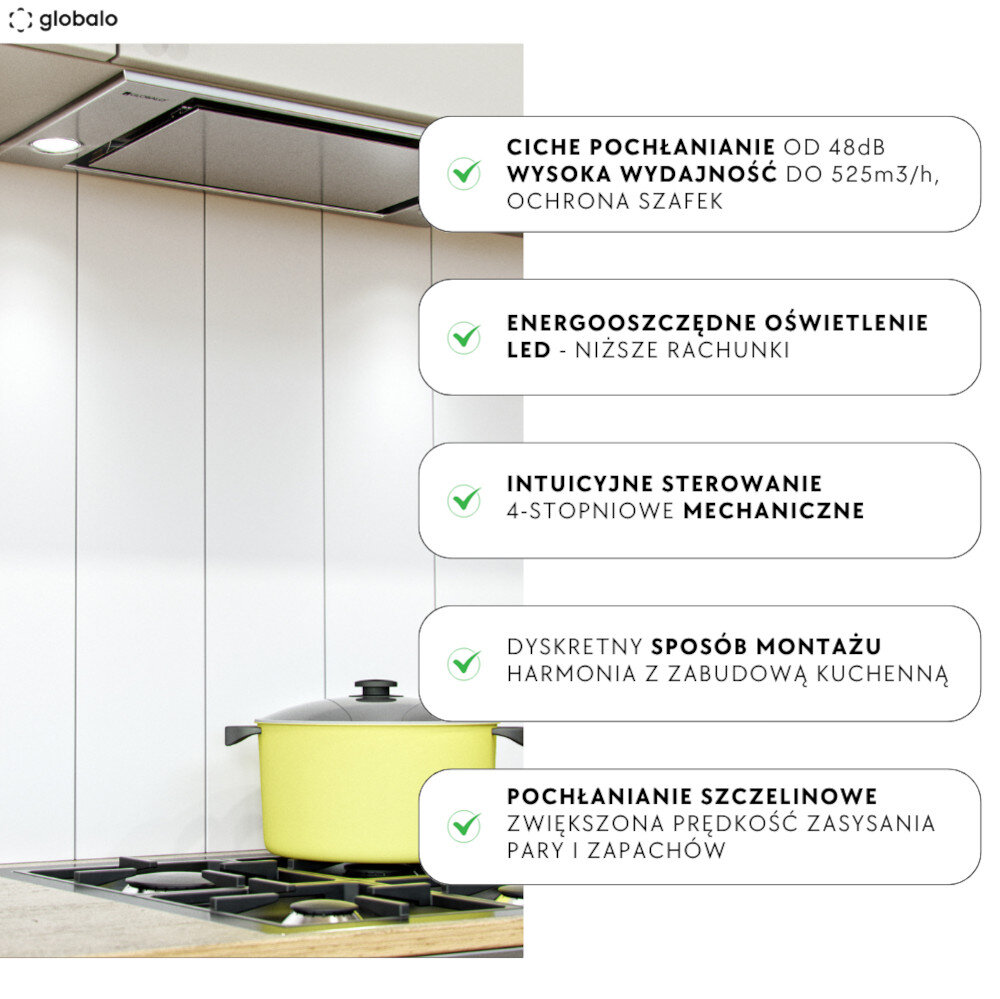 OKAP GLOBALO RETIO 60.2 INOX Kuchnia z płytą gazową, żółty garnek, okap. Plus zalety okapu: cichy, wydajny, LED, wygodne sterowanie, dyskretny montaż, efektywne pochłanianie