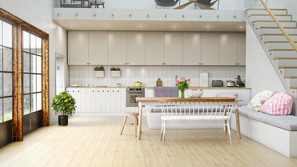 OKAP GLOBALO RETIO 60.2 INOX Przestronna, jasna kuchnia z dużym stołem, ławką i schodami. Minimalizm, dużo światła, żółty garnek na blacie, ozdobne poduszki Dyskretna zabudowa czystość porządek dyskretna konstrukcja montaż w szafce oszczędność miejsca estetyka wnętrza minimalistyczny korpus stal inox elegancja spójność wizualna design ścięty kształt łatwa instalacja trwałość odporność na uszkodzenia