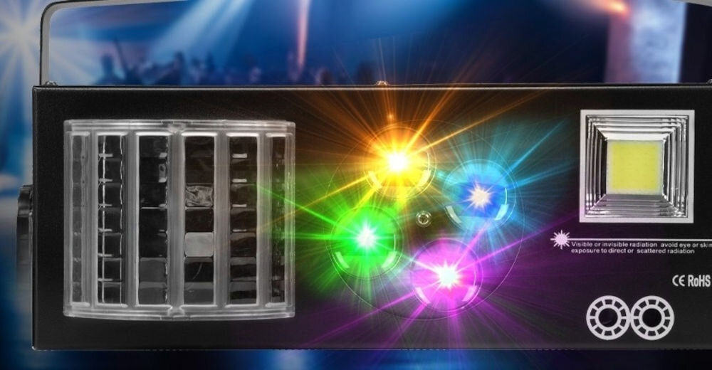 Party Light MUSICMATE MM-DL320 StarGlow łączy w sobie cztery różne efekty 
					świetlne: Beam, Laser, Wzory (pattern), oraz Stroboskop (strobe) każdy z efektów może być używany samodzielnie lub w połączeniu z innymi