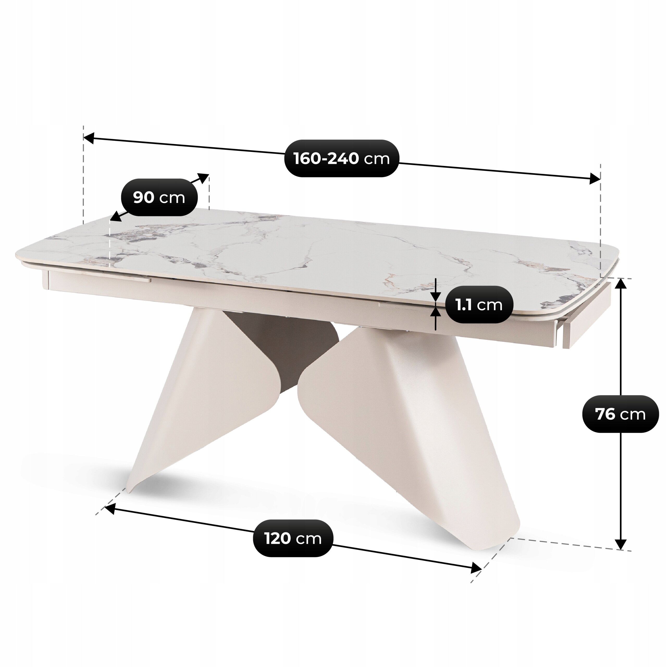 Obraz przedstawia biały stół ceramiczny z blatem o wzorze marmuru, z wymiarami: długość 160-240 cm, szerokość 90 cm, wysokość 76 cm, grubość blatu 1.1 cm, a podstawa ma szerokość 120 cm. Stół ma nowoczesny design z geometryczną podstawą.