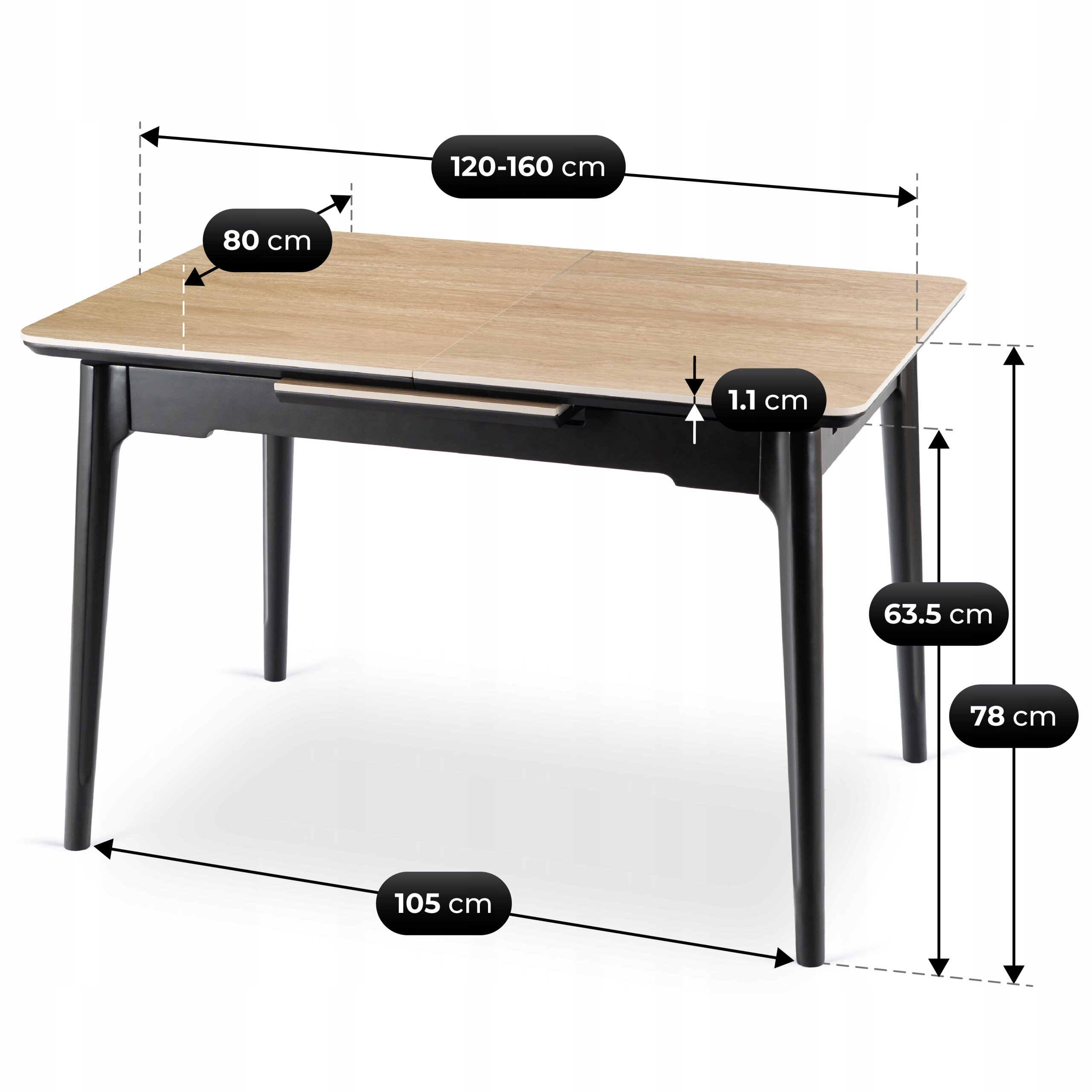 Na obrazie widoczny jest rozkładany stół o wymiarach 138-178 cm długości, 80 cm szerokości, 1.1 cm grubości blatu, 63.5 cm wysokości od podłogi do blatu oraz 78 cm całkowitej wysokości. Stół ma czarne nogi i jasny blat, a jego szerokość wynosi 105 cm.