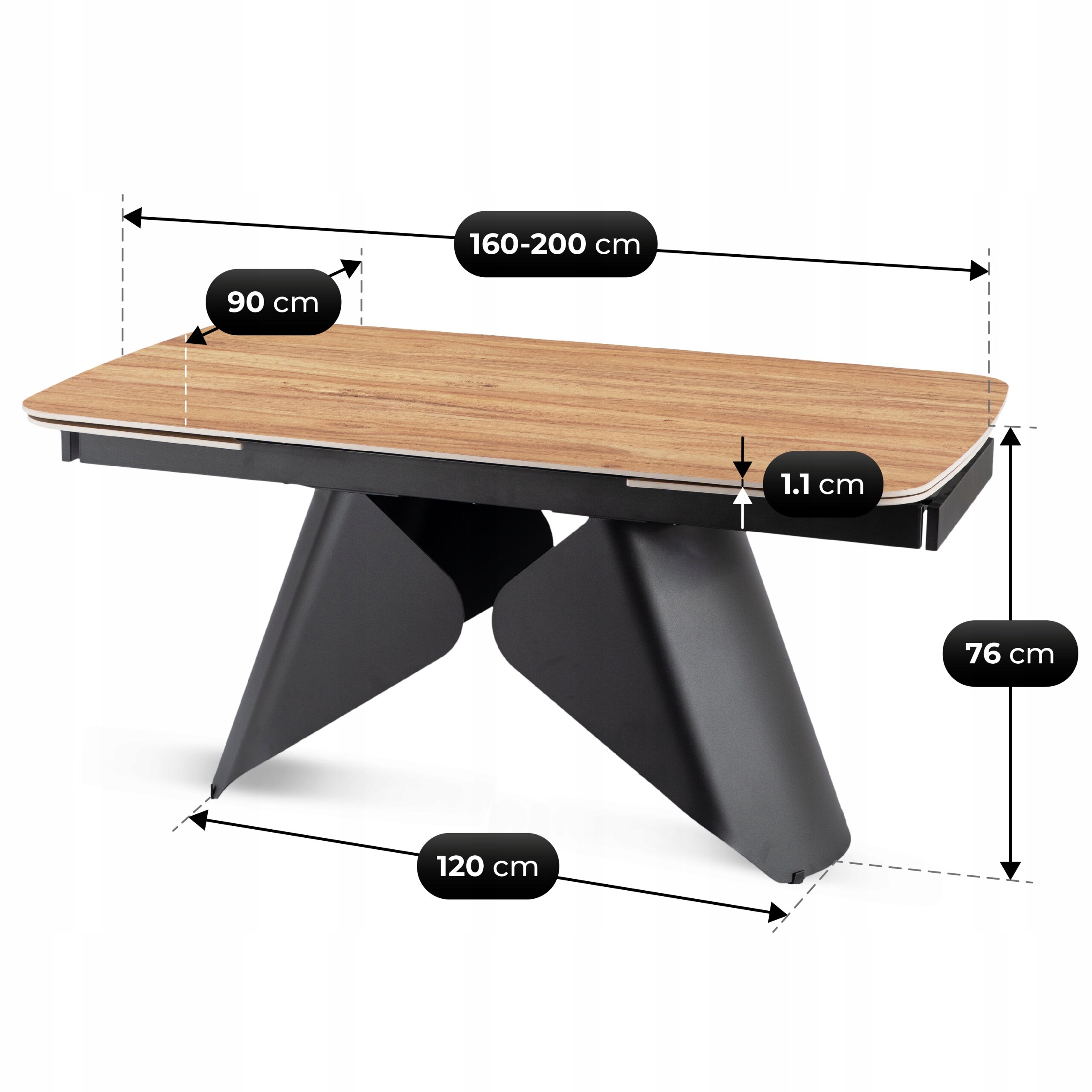Obraz przedstawia stół z drewnianym blatem i czarnymi nogami o nowoczesnym designie. Wymiary stołu to 160-200 cm długości, 90 cm szerokości, 76 cm wysokości, 1.1 cm grubości blatu, oraz 120 cm szerokości podstawy.